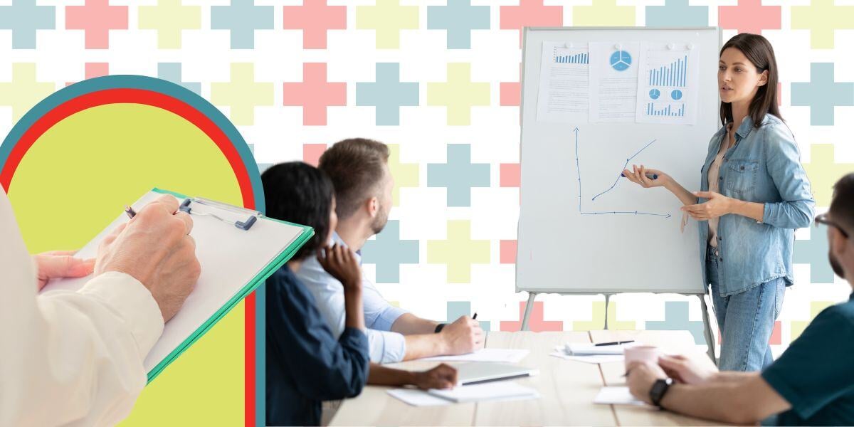 A women stands at a whiteboard speaking to a small group of 3 other diverse people watching her. There is a hand and clipboard taking notes in the left bottom corner. There is a pattern of faded plus signs in repeating teal, red, and green colors in the background.