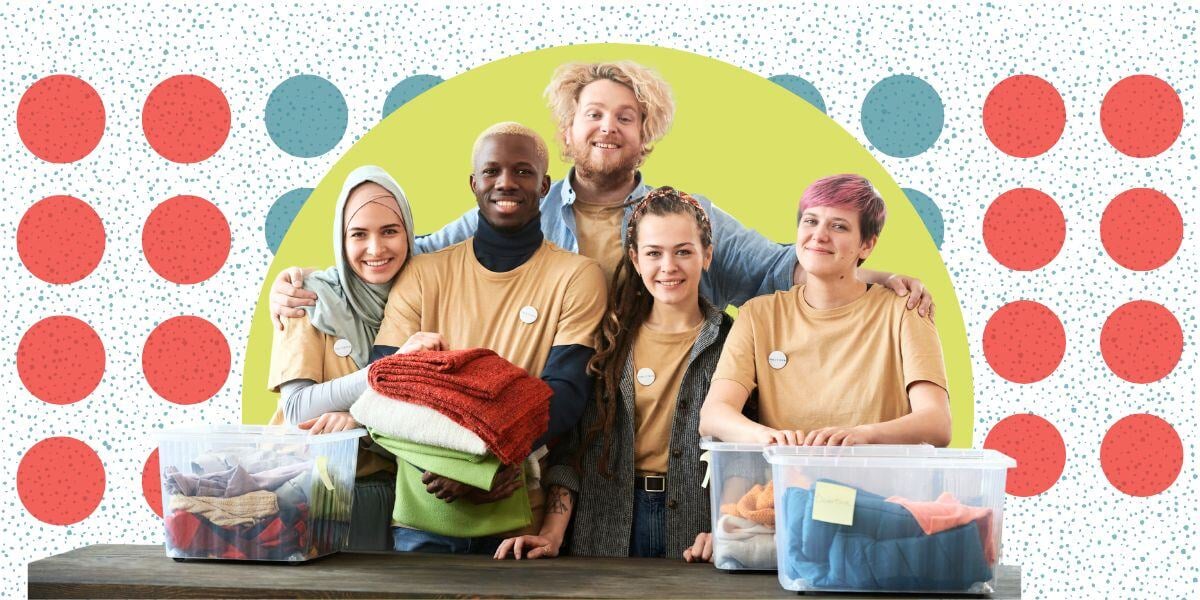 A pattern of different sized circles textures the background in teal, red, and lime green. In the forefront is a photo of a group of diverse young adults, sorting clothing items.