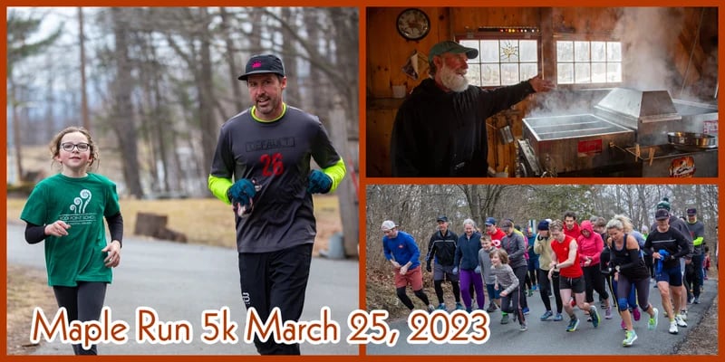 Maple Run 5k, March 25, 2023. Collage of runners at Rock Point School and a photo of the sugar shack on campus. 