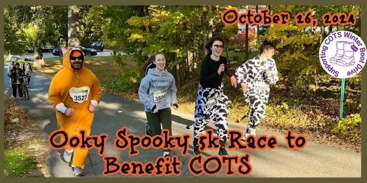 October 26,2024. Ooky Spooky 5k Race to Benefit COTS - Text overlayed a photo of costumed runners participating in the race at Rock Point School.